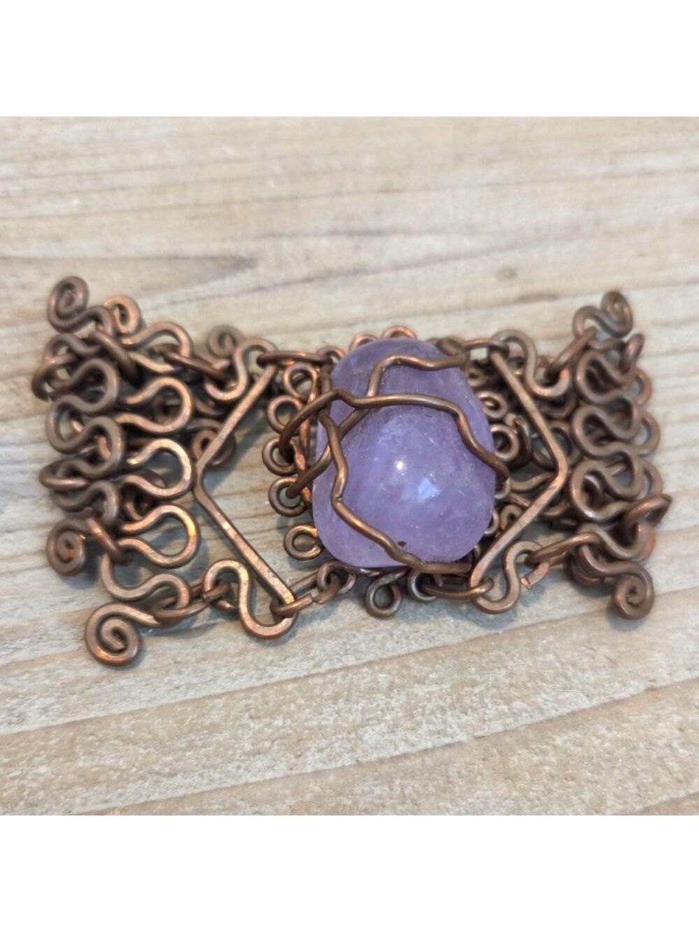 Amethyst Gemstone Brass Tone Wire Wrapped Handmade Artisan 7" Hook Bracelet